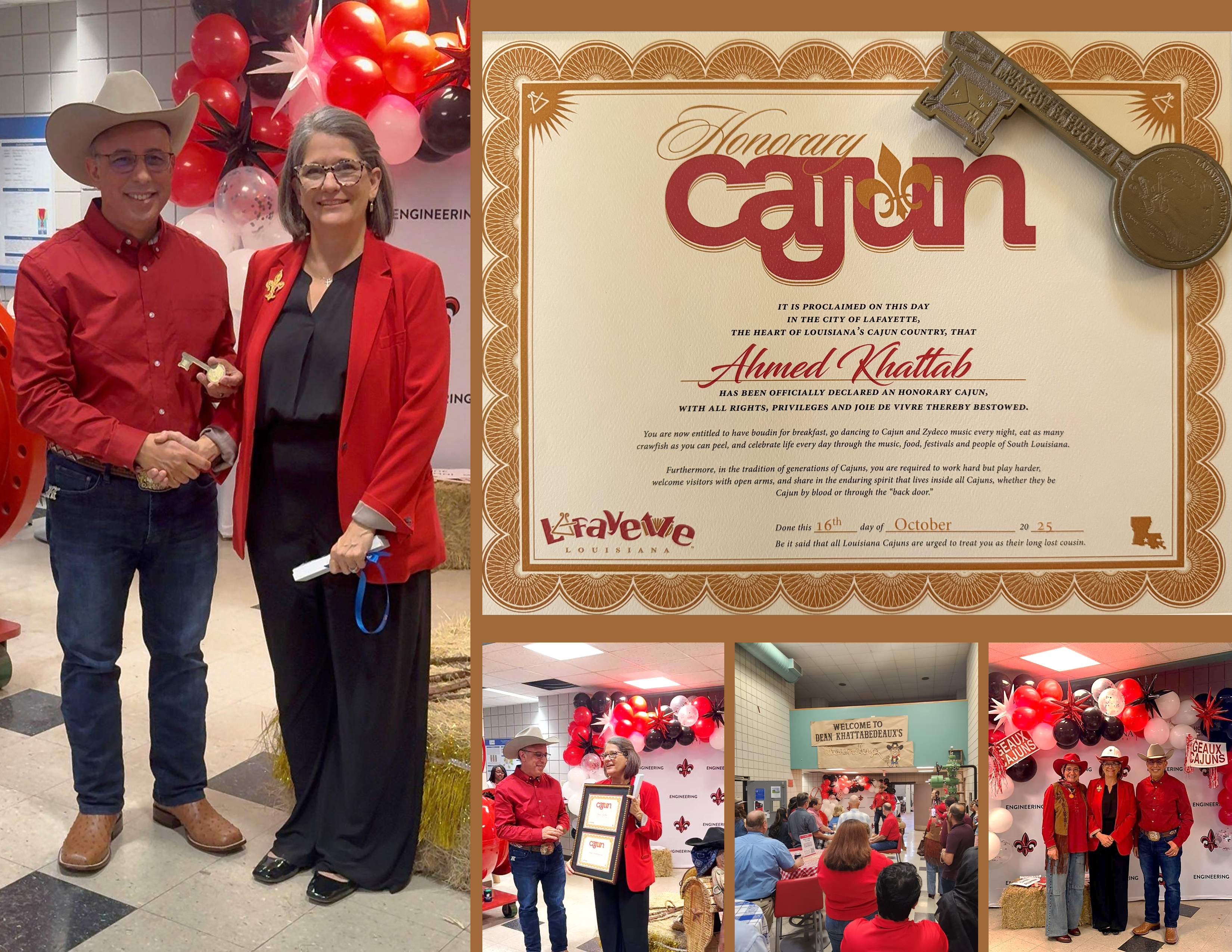 Picture with Mayor-President Boulet shaking hands with Dean Khattab after giving him the key to the city.  A picture of the Honorary Cajun Certificate and a picture of the key.  A picture of Dean Khattab recieving the Honorary Cajun Certificate from Mayor-President Boulet and a picture of Dean Khattab, His wife Eman Matter and Mayor-President Monique Boulet.