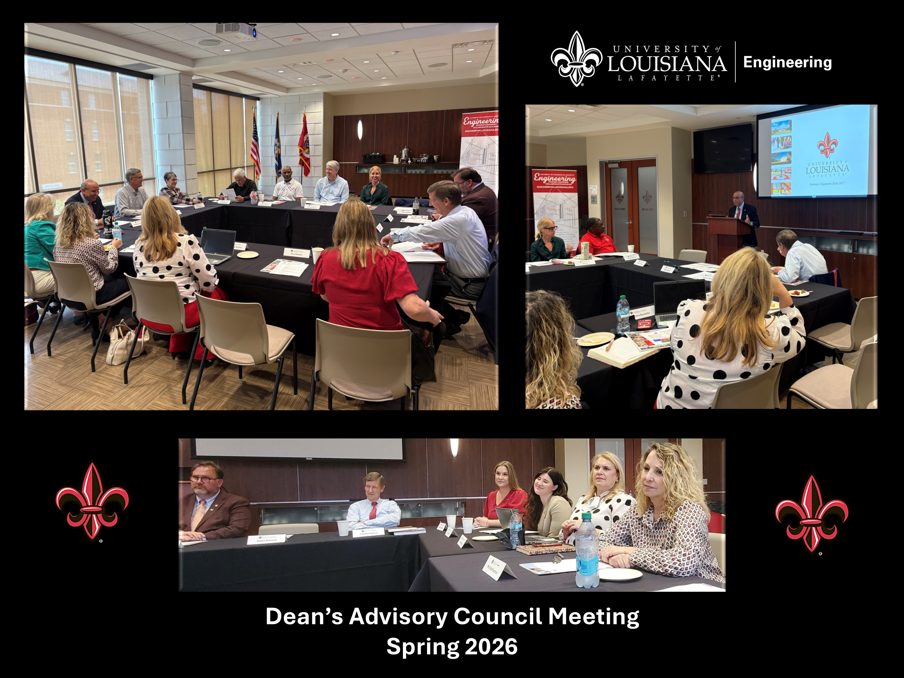 Three pictures grouped to show members of the Dean’s Advisory Council, Dean Ahmed Khattab, Dr. Geoff Stewart, Assistant Vice President for Innovation and Economic Development and Ex-Officio members seated around square-arranged tables engaged in strategic discussions.
