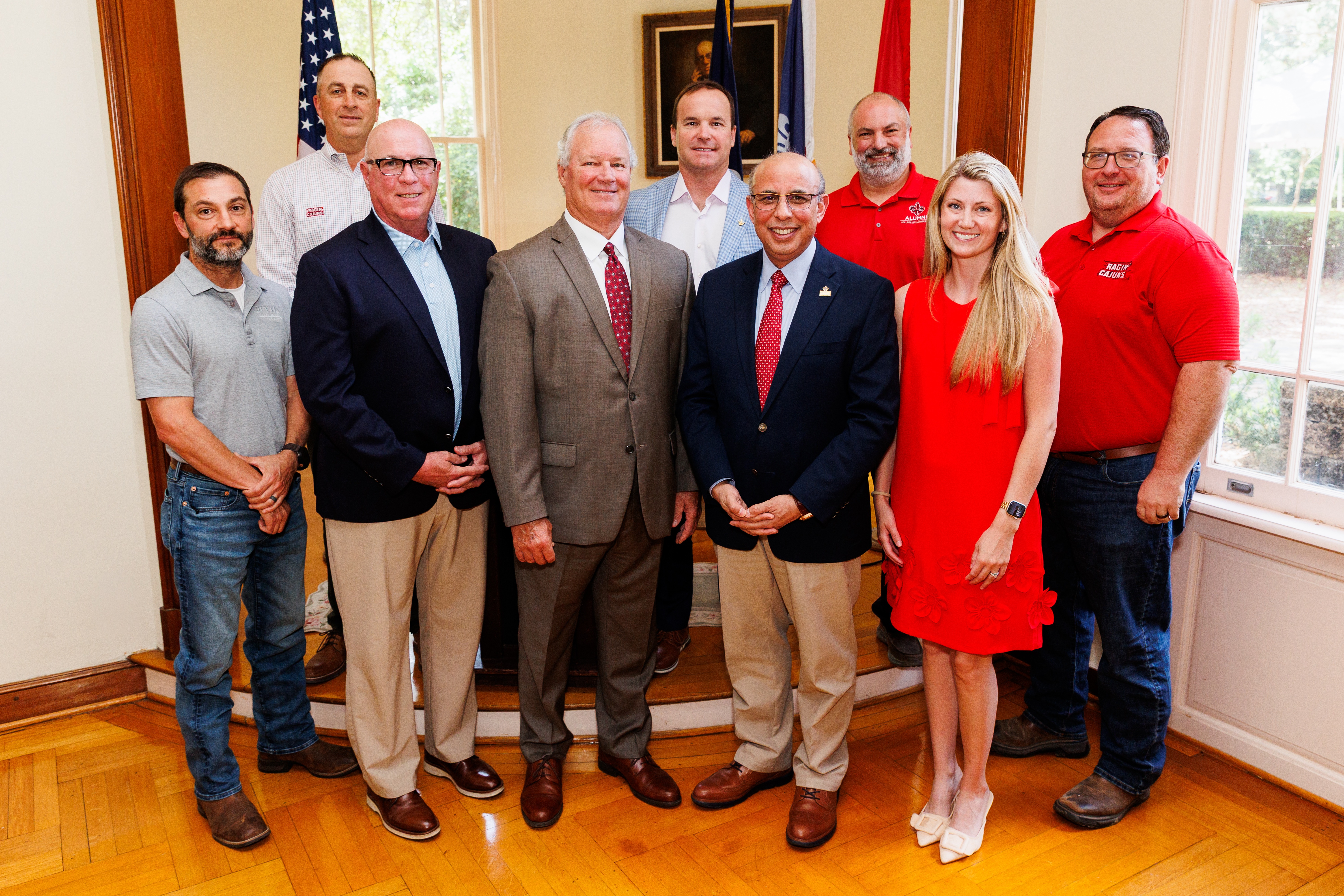 Industry representatives, pictured from left to right: Colby Guidry, Huval & Associates; Glenn McCall, Huval & Associates; Dave Landreneau, Louisiana Associated General Contractors; Ken Naquin, Louisiana Construction Education Foundation; Stuart Billeaud, JB Mouton; Ahmed Khattab, Dean of Engineering; Scott Hebert, UL Lafayette Office of Facility Management; Brenna LeMaire, Associated Builders and Contractors, Pelican Chapter; John Stuffle, UL Lafayette Office of Facility Management